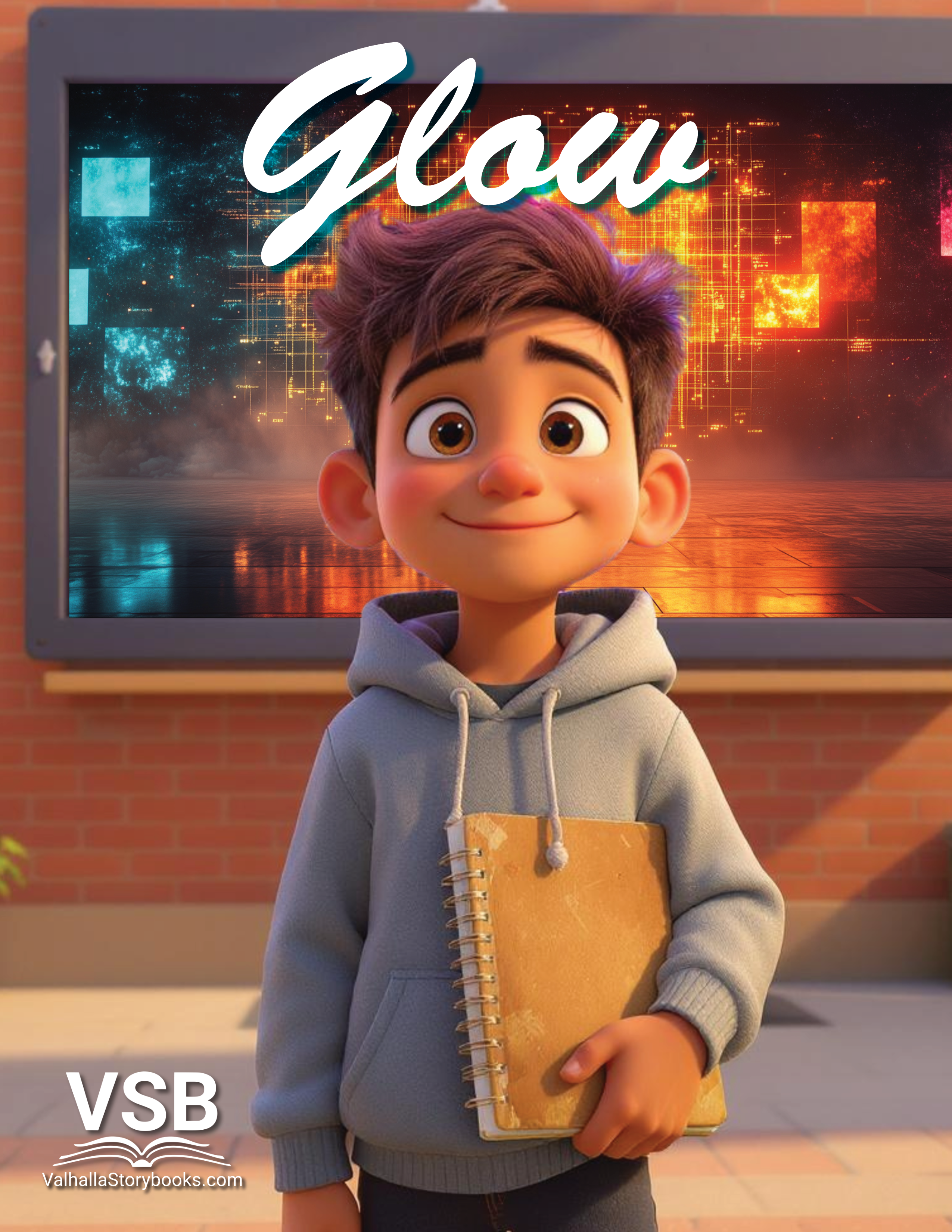 Ari in a hoodie smiling and holding a notebook, neon lights in the background.