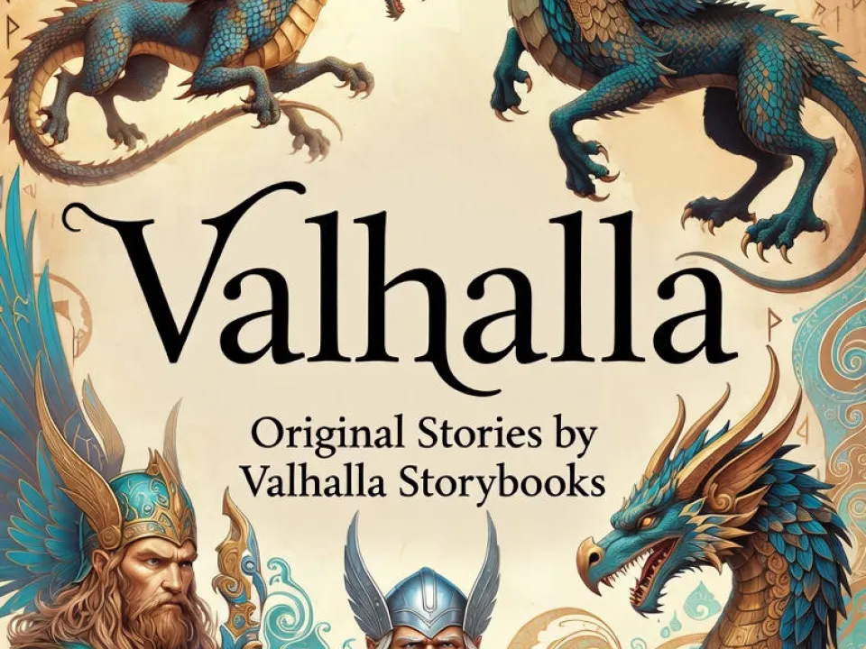 Three armored Norse warriors with dragons above, fantasy book cover style.